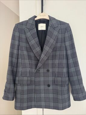 Wilfred Charcoal Gray Plaid Double-Breasted Blazer